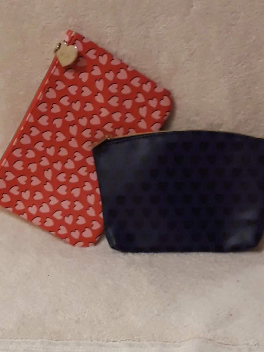 Set of 2 Ipsy Heart-Pattern Zip Cosmetic Bags: 1 Purple/Black & 1 Hot/Light Pink